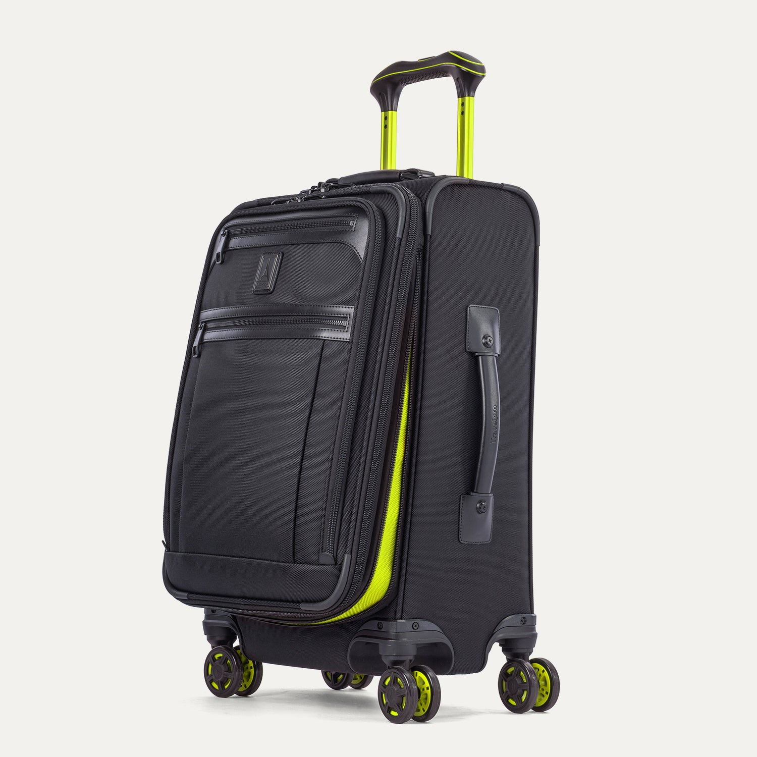 Angled side view of the Platinum Elite Neon Shadow Carry-On in black, showcasing the sleek profile, durable construction, and the signature neon green accents on the zippers and handle.