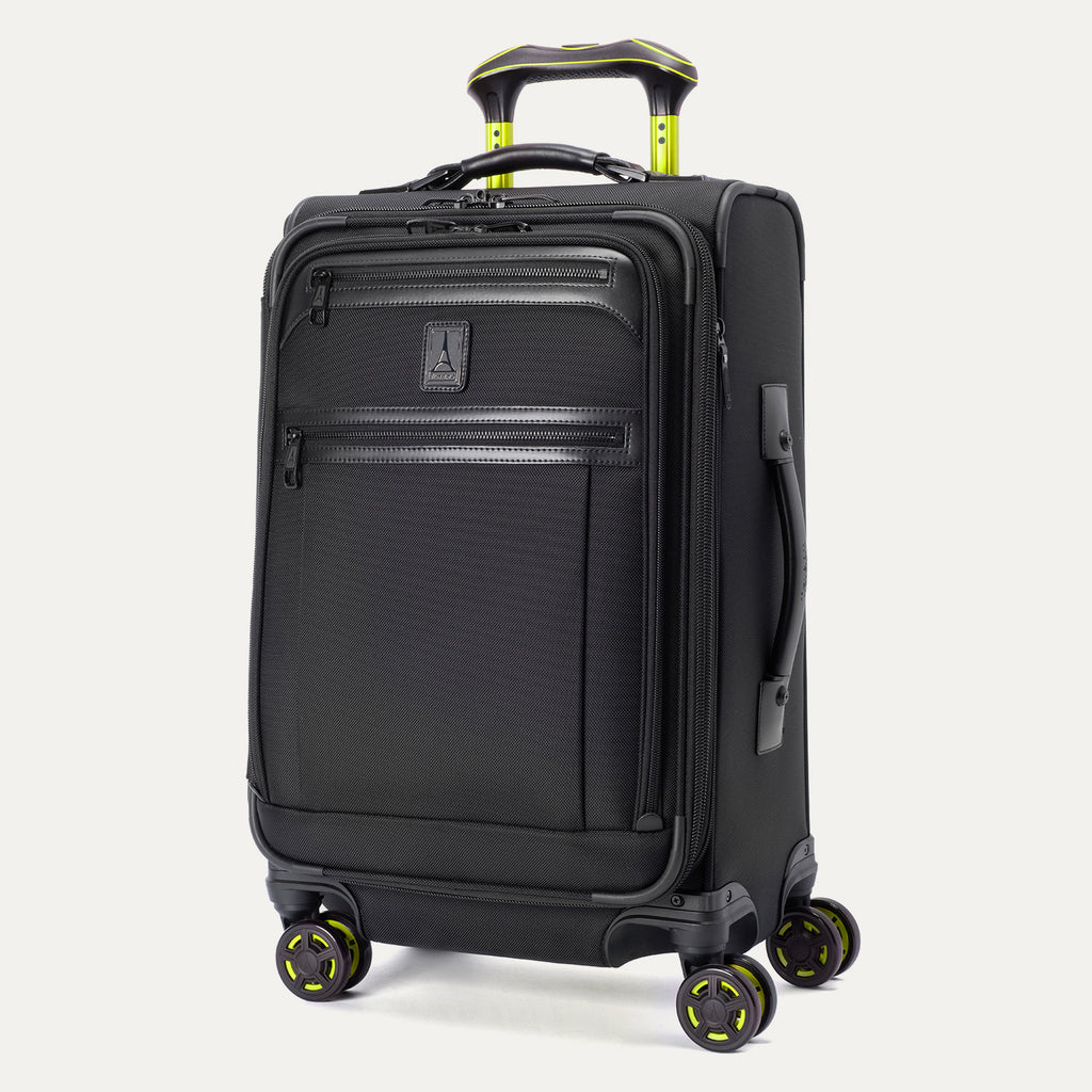 Front-facing studio shot of the Platinum Elite Neon Shadow Carry-On in black, showcasing the front-access storage pocket, the top carry handle with signature neon green accents, and the spinner wheels with matching neon green details.
