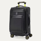Front-facing studio shot of the Platinum Elite Neon Shadow Carry-On in black, showcasing the front-access storage pocket, the top carry handle with signature neon green accents, and the spinner wheels with matching neon green details.