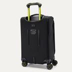 Back view of the Platinum Elite Neon Shadow Carry-On in black, showcasing the durable ballistic nylon fabric, the integrated trolley handle sleeve, and the rear-mounted luggage tag against a clean white background.