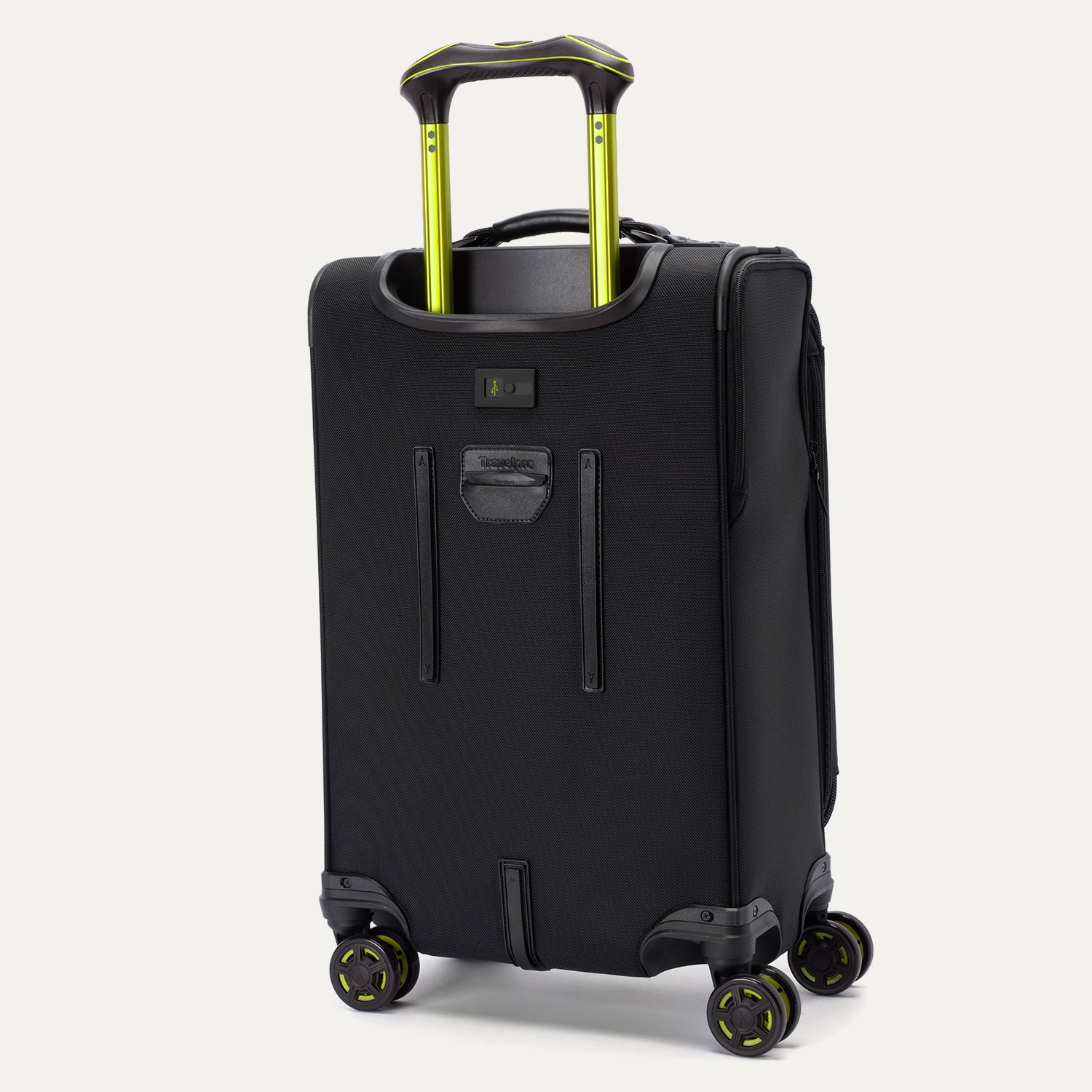 Back view of the Platinum Elite Neon Shadow Carry-On in black, showcasing the durable ballistic nylon fabric, the integrated trolley handle sleeve, and the rear-mounted luggage tag against a clean white background.