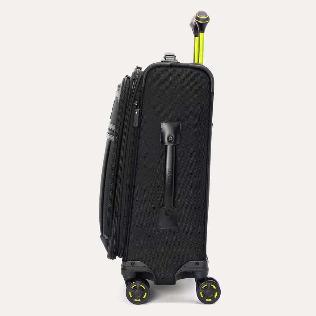 Side profile view of the Platinum Elite Neon Shadow Carry-On in black, highlighting the sleek profile, durable construction, and the signature neon green accents on the zippers and handle.