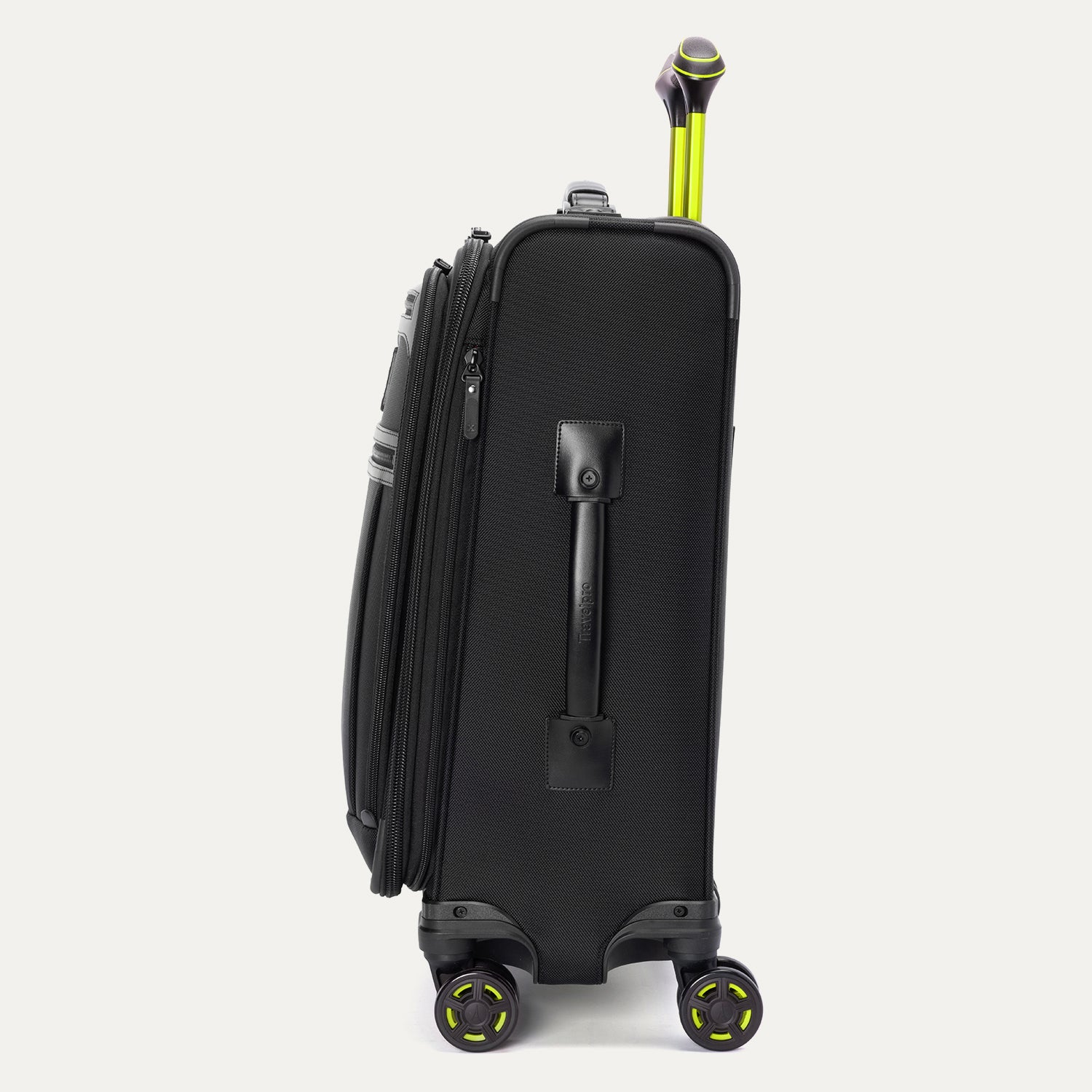 Side profile view of the Platinum Elite Neon Shadow Carry-On in black, highlighting the sleek profile, durable construction, and the signature neon green accents on the zippers and handle.