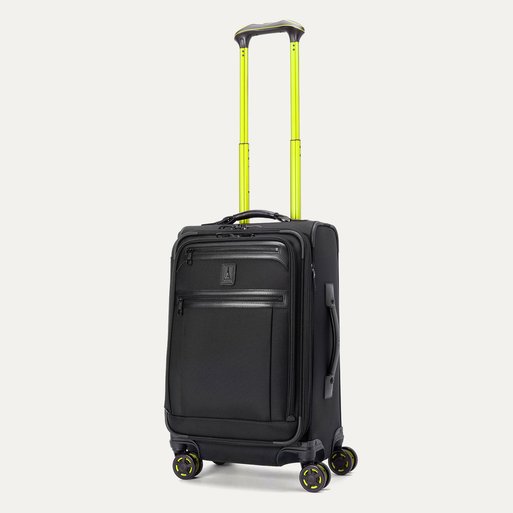3/4 angled view of the Platinum Elite Neon Shadow Carry-On in black, featuring the fully extended trolley handle and showcasing the suitcase’s upright, maneuverable design against a clean white background.