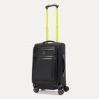 3/4 angled view of the Platinum Elite Neon Shadow Carry-On in black, featuring the fully extended trolley handle and showcasing the suitcase’s upright, maneuverable design against a clean white background.