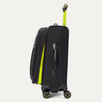 Side profile view of the Platinum Elite Neon Shadow Carry-On in black, highlighting the integrated side carry handle, the durable zipper track, and the suitcase's streamlined, upright silhouette.