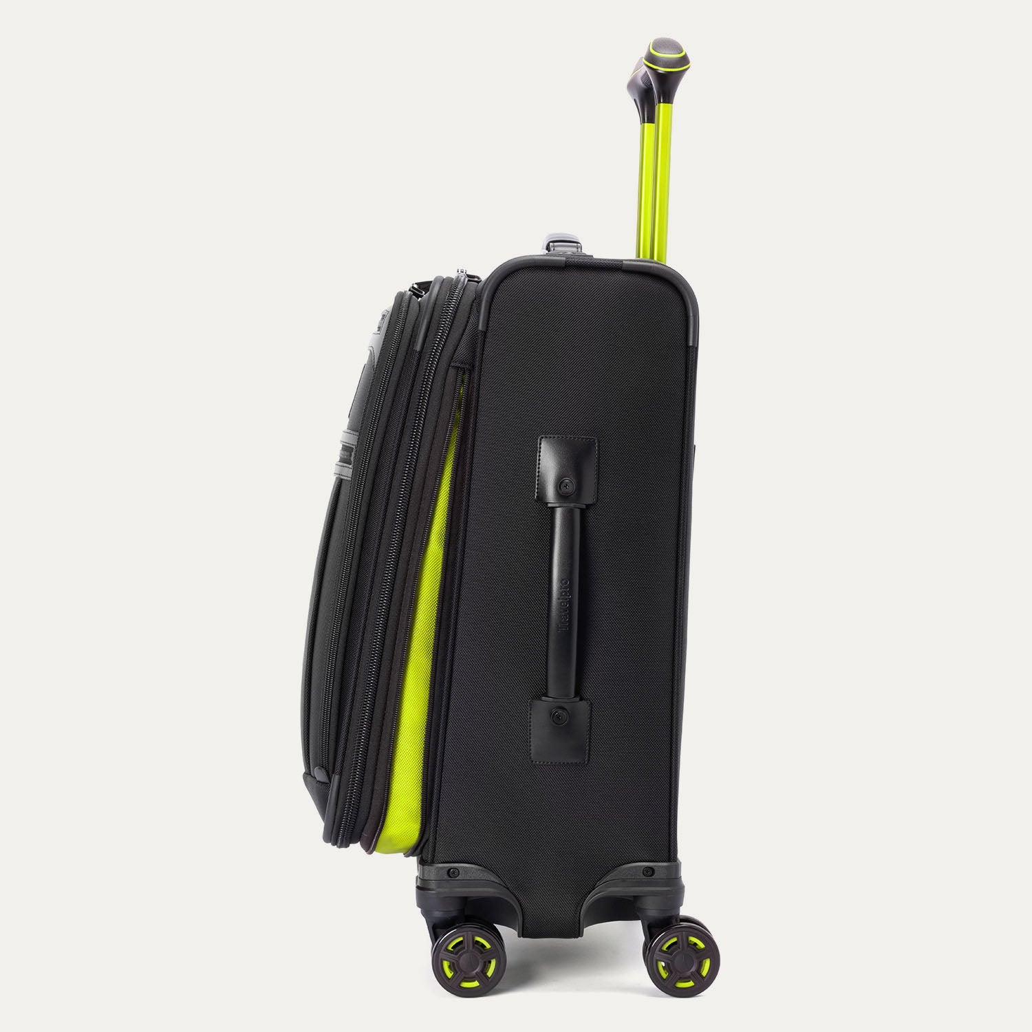 Side profile view of the Platinum Elite Neon Shadow Carry-On in black, highlighting the integrated side carry handle, the durable zipper track, and the suitcase's streamlined, upright silhouette.