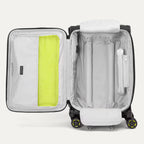 Detailed interior view of the Platinum Elite Neon Shadow Carry-On in black, highlighting the spacious main compartment with zippered mesh pockets and signature neon green compression straps for secure and organized packing.