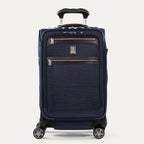 Front view of Travelpro Platinum Elite International Carry-On Spinner in True Navy, with leather-accented zippered pockets and PowerScope Extension Handle.
