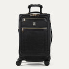 Front view of Travelpro Platinum Elite Carry-On Spinner in Intrigue Black, with two front zippered compartments and a telescoping PowerScope Extension Handle.
