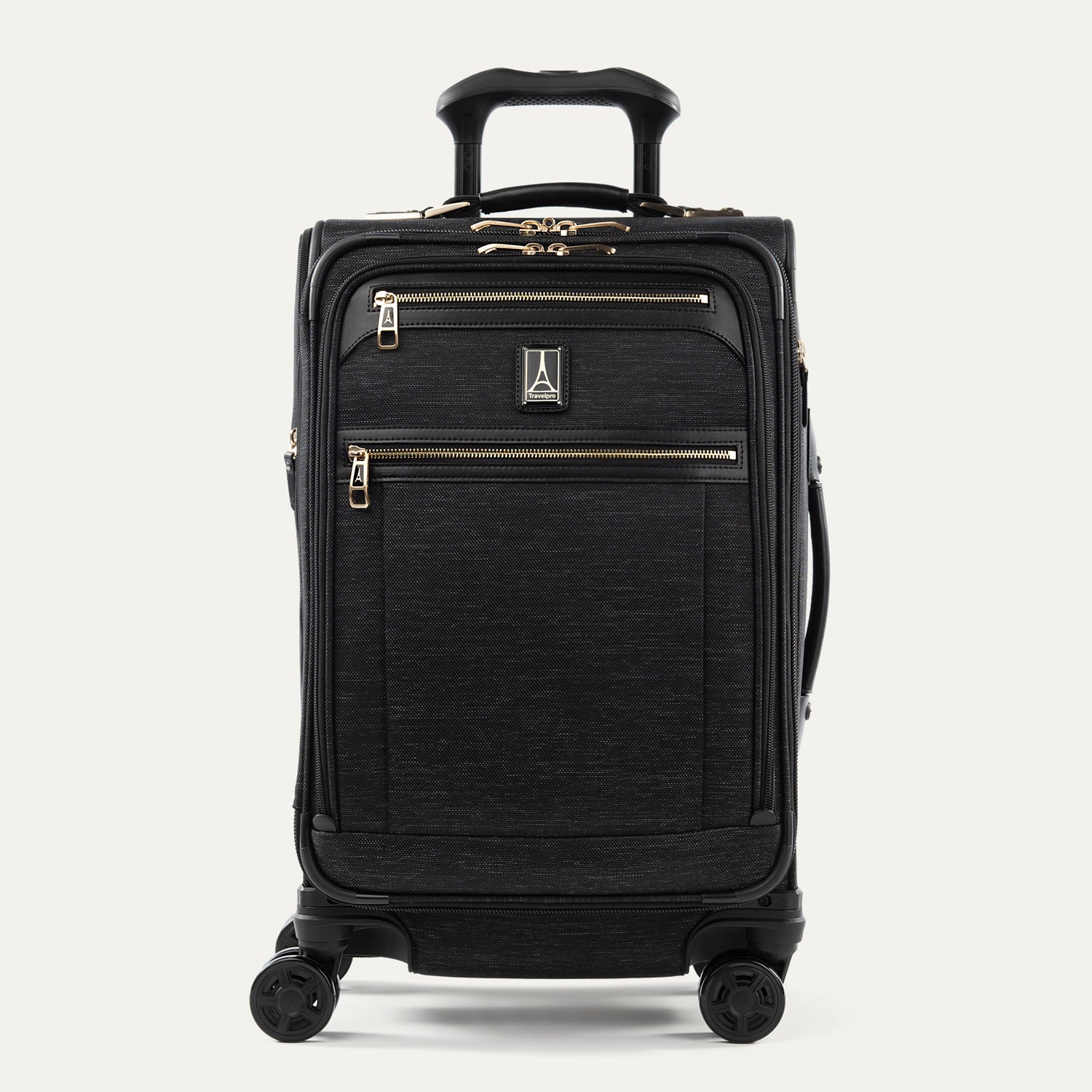 Front view of Travelpro Platinum Elite Carry-On Spinner in Intrigue Black, with two front zippered compartments and a telescoping PowerScope Extension Handle.
