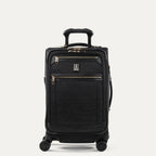 Front view of Travelpro Platinum Elite Carry-On Spinner in Intrigue Black, with two front zippered compartments and a telescoping PowerScope Extension Handle.