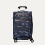 A carry-on spinner suitcase with camouflage pattern, featuring a combination lock, chrome zippers, and a precisionglide system.