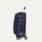 Side view of Platinum® Elite Carry-On Spinner in Camouflage, showing telescoping handle, side leather handle, and spinner wheels.
