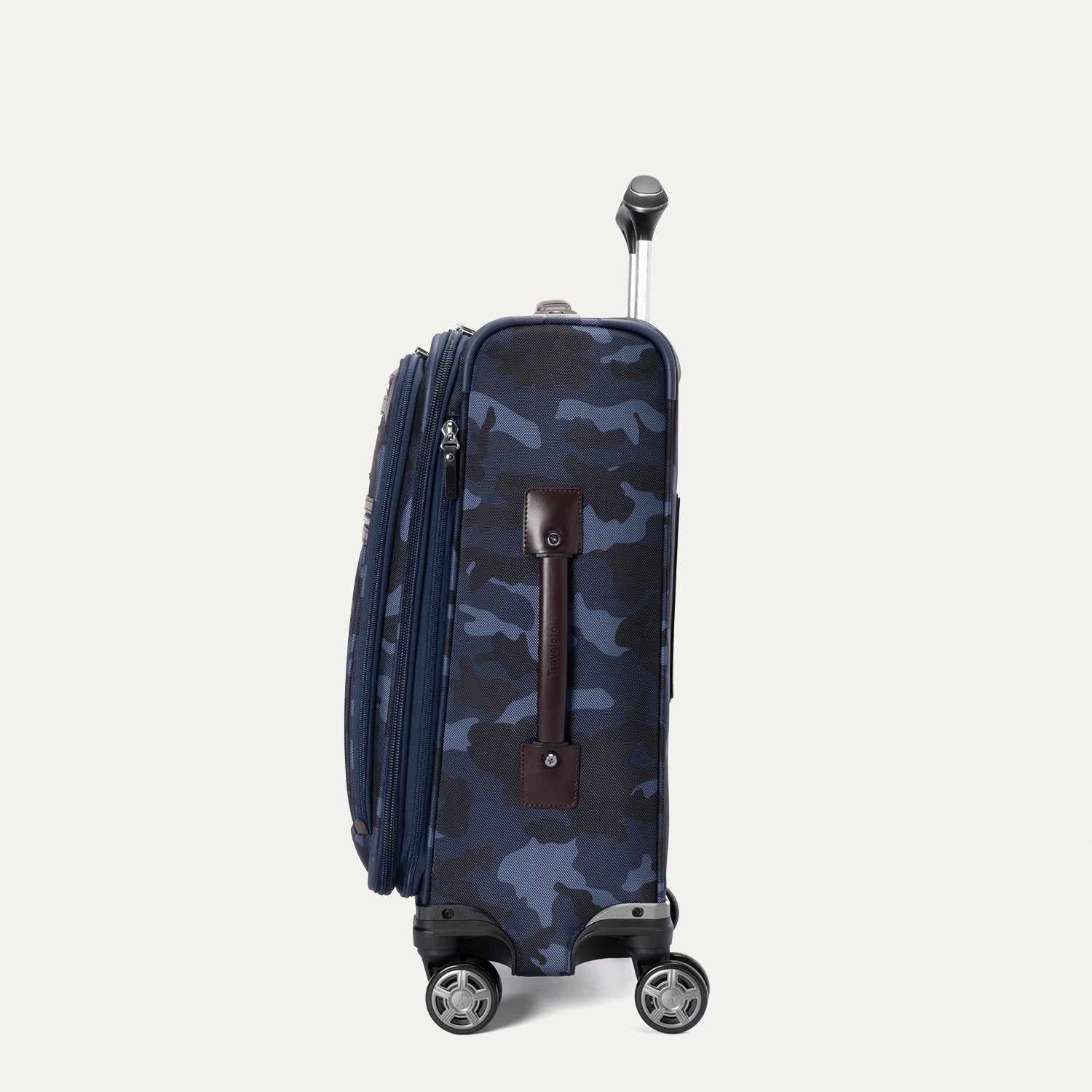 Side view of Platinum® Elite Carry-On Spinner in Camouflage, showing telescoping handle, side leather handle, and spinner wheels.
