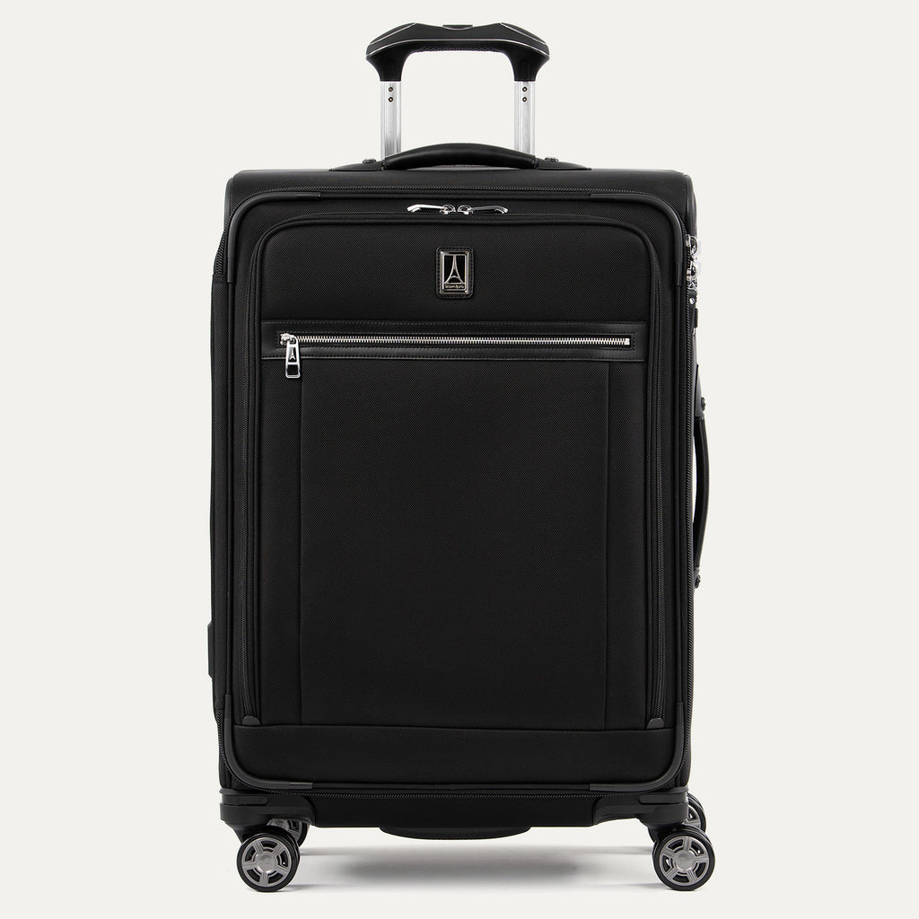 Front view of Travelpro Platinum Elite Medium Check-In Expandable Spinner in Shadow Black, featuring 360° Spinner Wheels.
