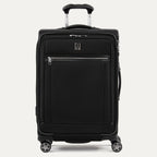 Front view of Travelpro Platinum Elite Medium Check-In Expandable Spinner in Shadow Black, featuring 360° Spinner Wheels.
