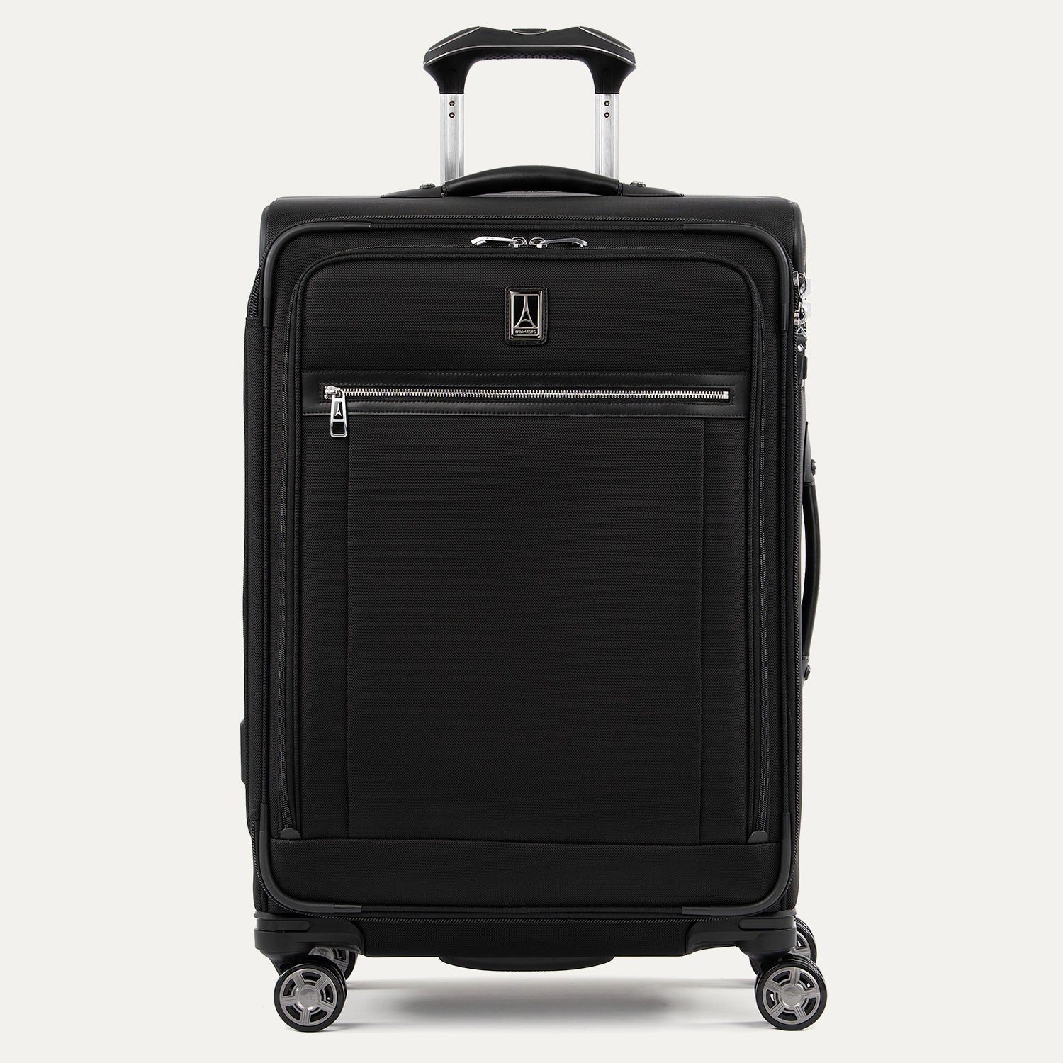 Front view of Travelpro Platinum Elite Medium Check-In Expandable Spinner in Shadow Black, featuring 360° Spinner Wheels.
