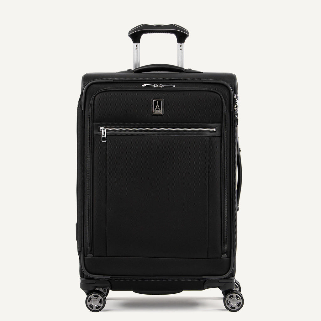 Front view of Travelpro Platinum Elite Medium Check-In Expandable Spinner in Shadow Black, featuring 360° Spinner Wheels.
