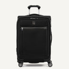 Front view of Travelpro Platinum Elite Medium Check-In Expandable Spinner in Shadow Black, featuring 360° Spinner Wheels.
