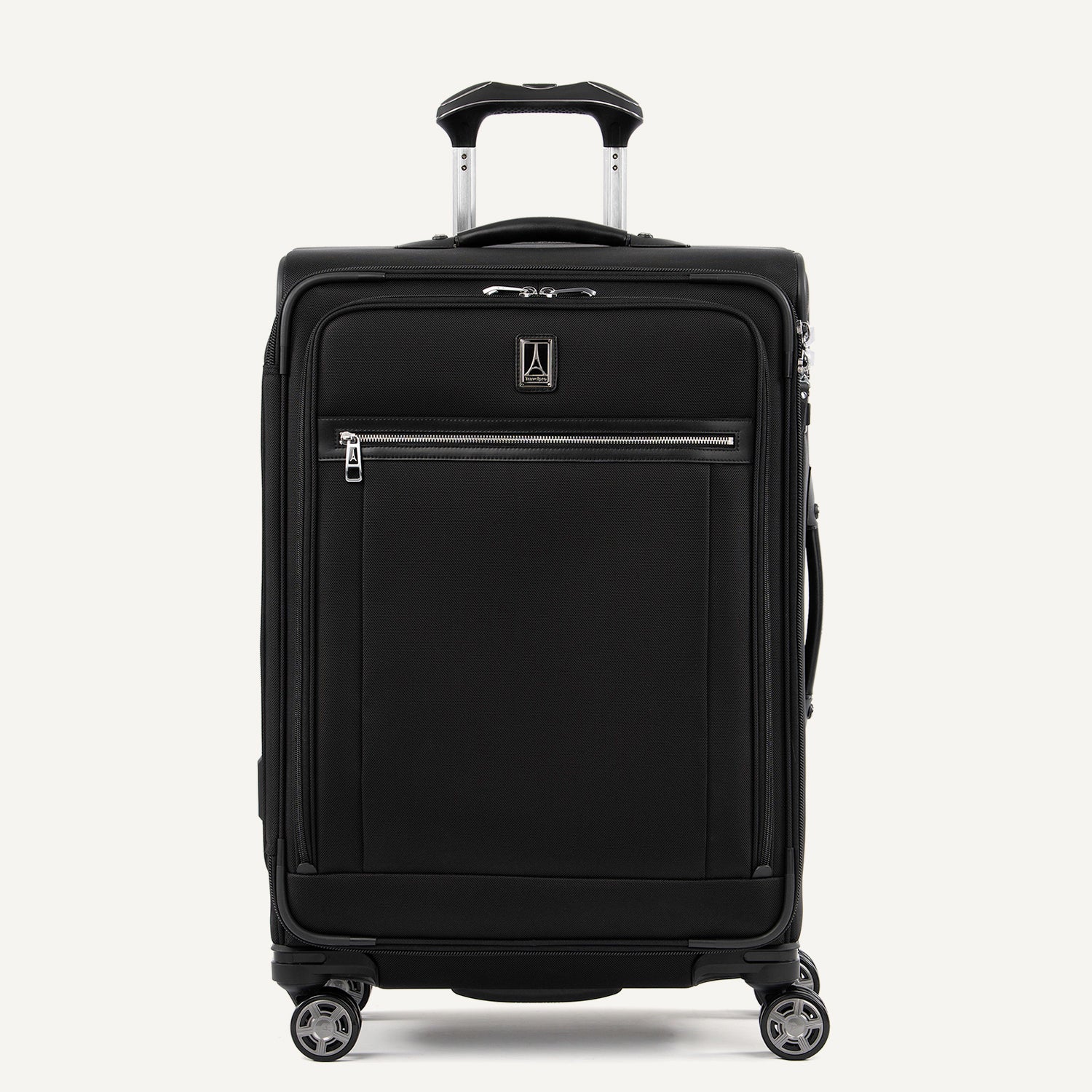 Front view of Travelpro Platinum Elite Medium Check-In Expandable Spinner in Shadow Black, featuring 360° Spinner Wheels.

