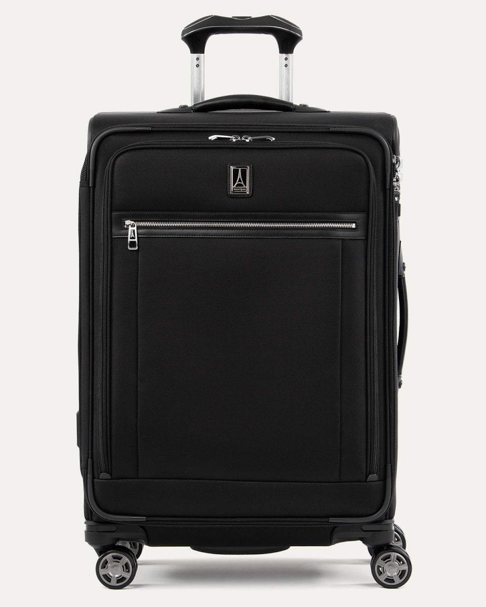 Front view of Travelpro Platinum Elite Medium Check-In Expandable Spinner in Shadow Black, featuring 360° Spinner Wheels.