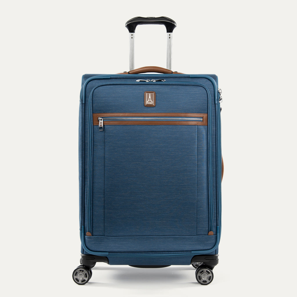 Front view of Travelpro Platinum Elite Medium Check-In Expandable Spinner in Coastal Blue, featuring 360° Spinner Wheels.
