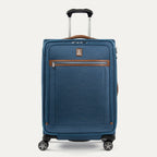 Front view of Travelpro Platinum Elite Medium Check-In Expandable Spinner in Coastal Blue, featuring 360° Spinner Wheels.
