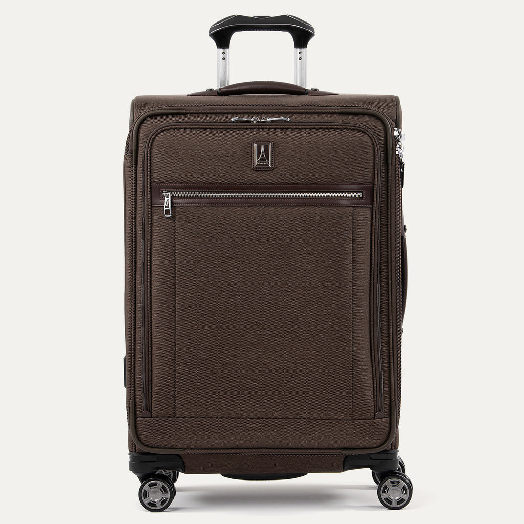 Front view of Travelpro Platinum Elite Medium Check-In Expandable Spinner in Rich Espresso, featuring 360° Spinner Wheels.
