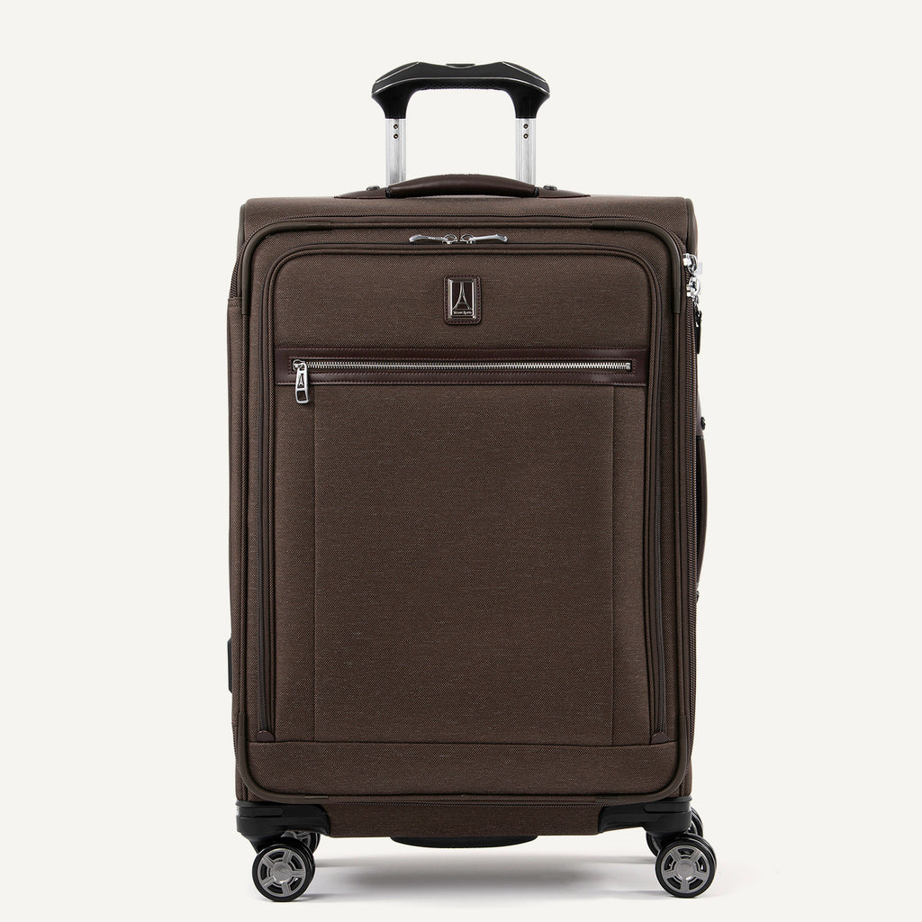 Front view of Travelpro Platinum Elite Medium Check-In Expandable Spinner in Rich Espresso, featuring 360° Spinner Wheels.
