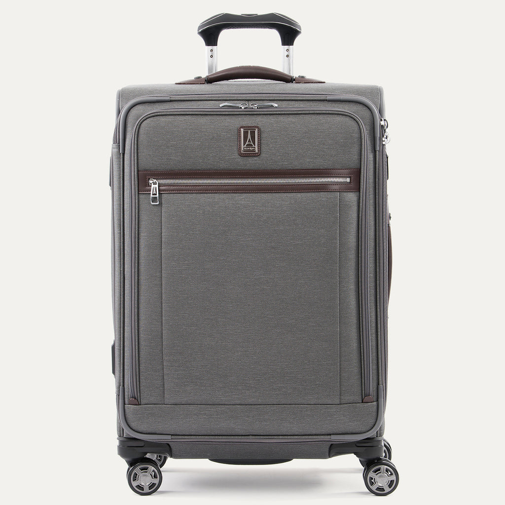Front-facing Travelpro Platinum Elite Medium Expandable Spinner in Vintage Gray, with leather trim and spinner wheels.
