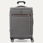 Front-facing Travelpro Platinum Elite Medium Expandable Spinner in Vintage Gray, with leather trim and spinner wheels.

