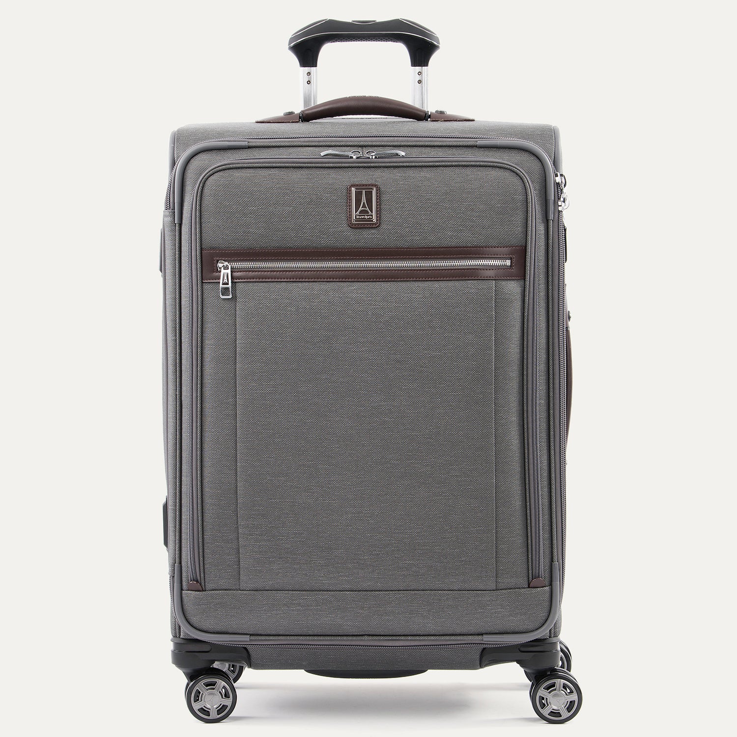 Front-facing Travelpro Platinum Elite Medium Expandable Spinner in Vintage Gray, with leather trim and spinner wheels.

