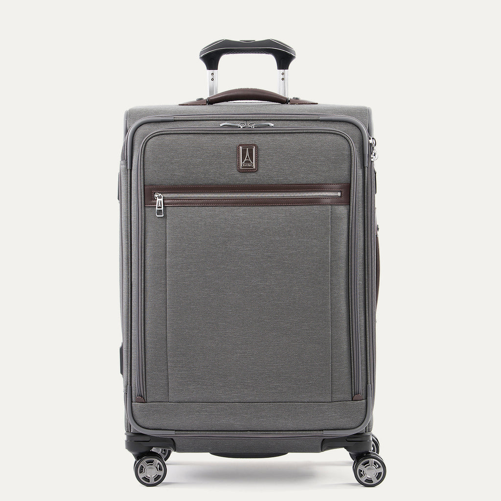 Front-facing Travelpro Platinum Elite Medium Expandable Spinner in Vintage Gray, with leather trim and spinner wheels.