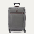 Front-facing Travelpro Platinum Elite Medium Expandable Spinner in Vintage Gray, with leather trim and spinner wheels.