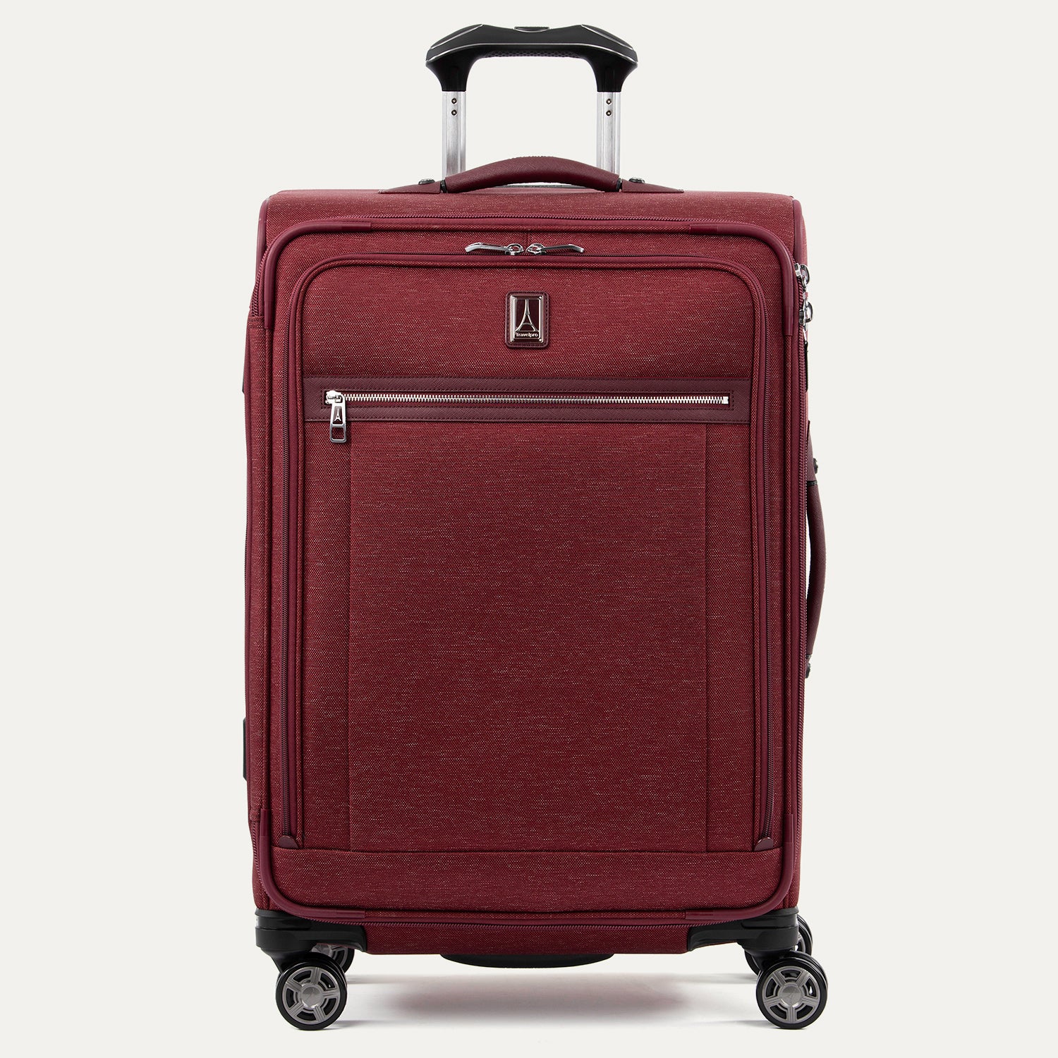 Front-facing Travelpro Platinum Elite Medium Expandable Spinner in Bordeaux, with silver zipper and 360° spinner wheels.
