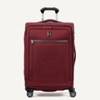 Front-facing Travelpro Platinum Elite Medium Expandable Spinner in Bordeaux, with silver zipper and 360° spinner wheels.