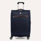 Front view of Travelpro Platinum Elite Medium Check-In Expandable Spinner in True Navy, featuring 360° Spinner Wheels.

