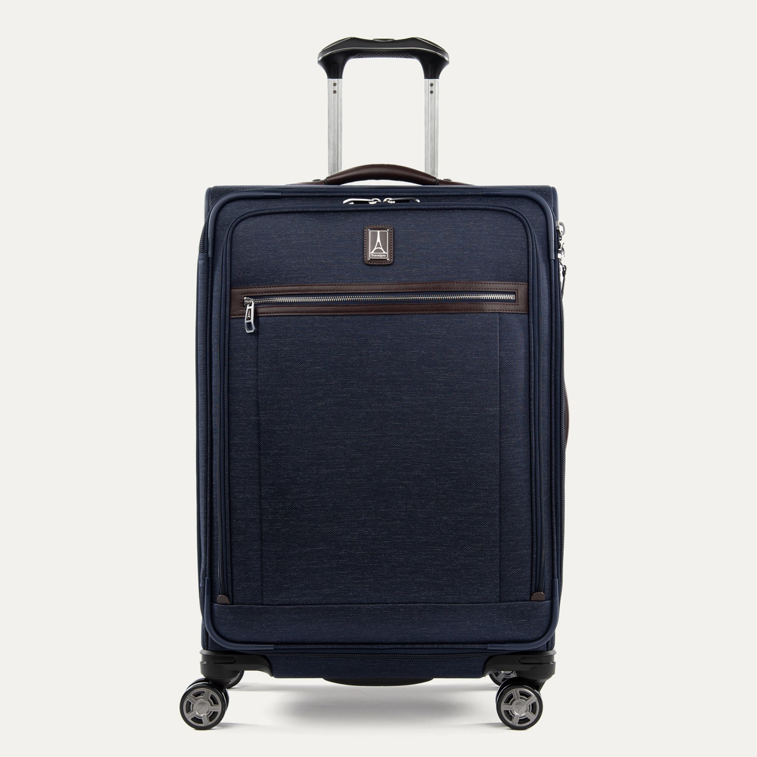 Front view of Travelpro Platinum Elite Medium Check-In Expandable Spinner in True Navy, featuring 360° Spinner Wheels.
