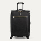 Front view of Travelpro Platinum Elite Carry-On Expandable Spinner in Intrigue Black, featuring 360° Spinner Wheels.
