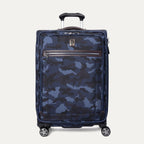 A medium-sized check-in spinner luggage with a camouflage pattern. It has a telescopic handle, spinner wheels, and a built-in TSA lock.