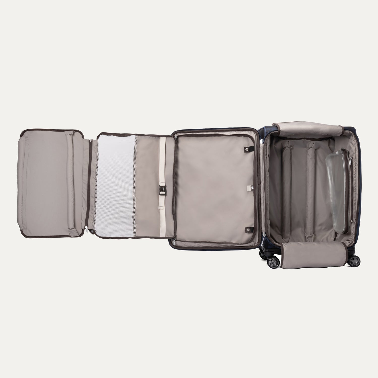 Open Platinum® Elite Medium Check-In Spinner in Camouflage, featuring organized packing sections with a fold-out suiter and a clear zippered pouch.