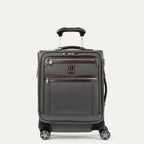Front view of Travelpro® Platinum Elite International Carry-On Expandable Spinner in Vintage Grey, with dual exterior zip pockets and leather trim.