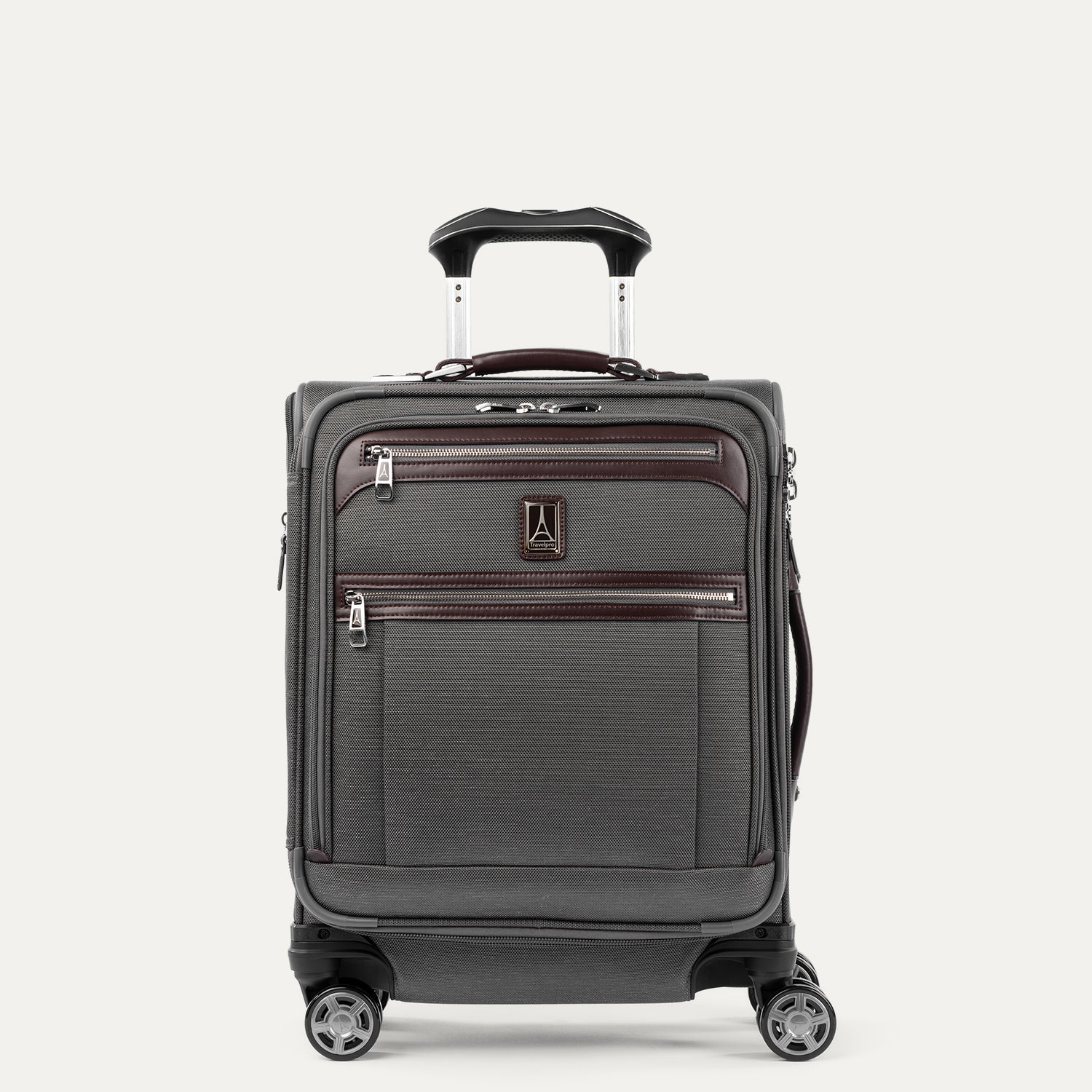 Front view of Travelpro® Platinum Elite International Carry-On Expandable Spinner in Vintage Grey, with dual exterior zip pockets and leather trim.