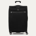Front-facing Travelpro Platinum Elite Large Expandable Spinner in Shadow Black, with streamlined front zipper pocket.
