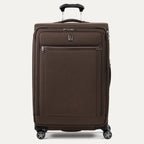 Front view of Travelpro Platinum Elite Large Check-In Expandable Spinner in Rich Espresso, with matching top handle and front zip pocket.
