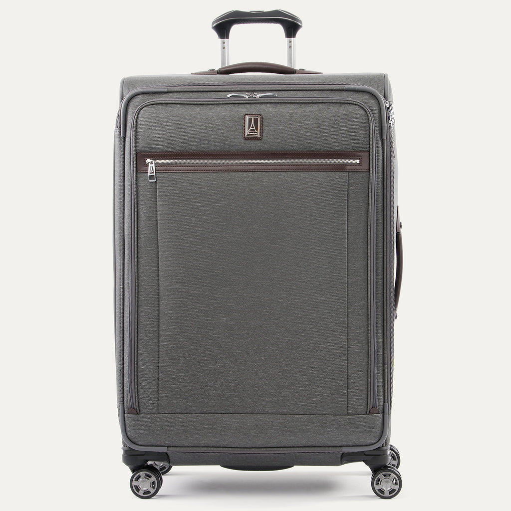 Front view of Travelpro Platinum Elite Large Check-In Expandable Spinner in Vintage Grey, with brown leather top handle and front zip pocket.
