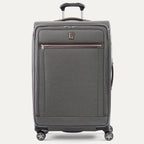 Front view of Travelpro Platinum Elite Large Check-In Expandable Spinner in Vintage Grey, with brown leather top handle and front zip pocket.
