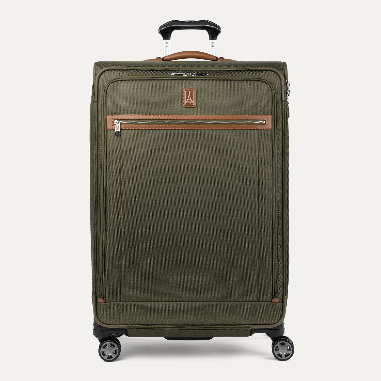 Front view of Travelpro Platinum Elite Large Check-In Expandable Spinner in Olive Green, with full-panel zip pocket and brown leather accents.
