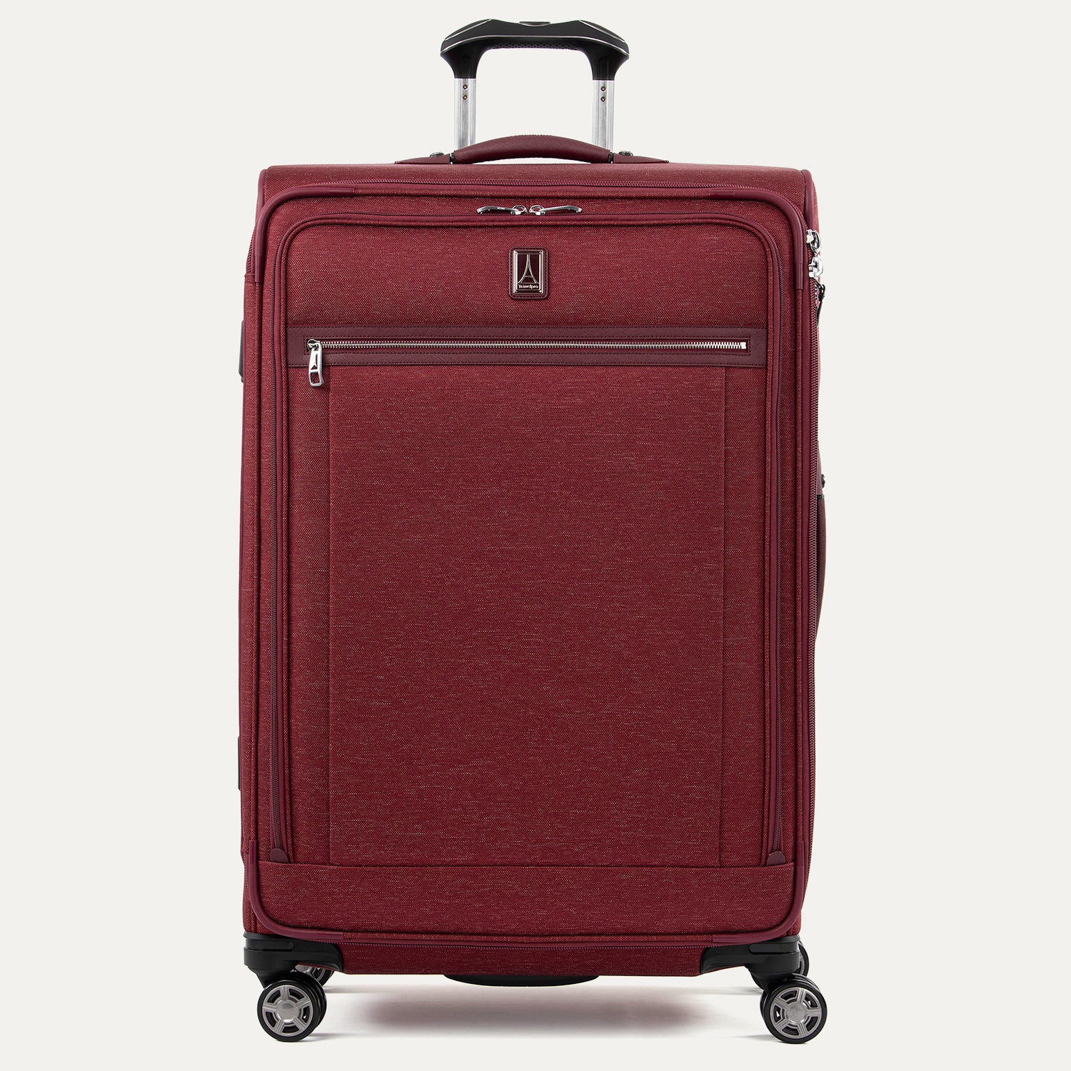 Front view of Travelpro® Platinum Elite Large Check-In Expandable Spinner in Bordeaux, with full-panel zip pocket and silver-tone zippers.
